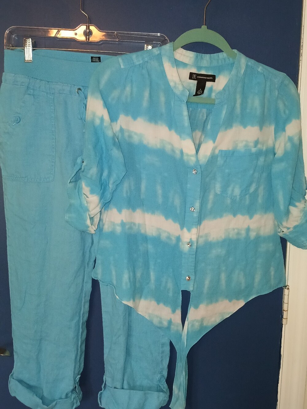 INC International Concepts Aqua and White Tie-Dye Button-Front Jumpsuit Set